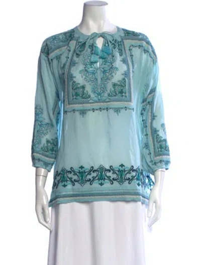Pre-owned Johnny Was Printed Tie Neck Blouse W/ Tags In Blue