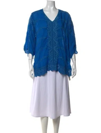Pre-owned Johnny Was Printed V-neck Blouse In Blue