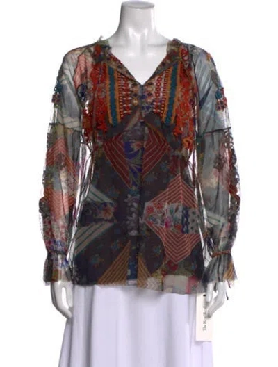 Pre-owned Johnny Was Printed V-neck Blouse In Multicolor