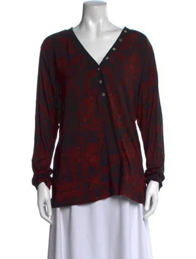 Pre-owned Johnny Was Printed V-neck Blouse In Red