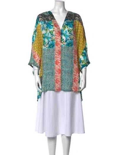 Pre-owned Johnny Was Printed V-neck Blouse W/ Tags In Multi