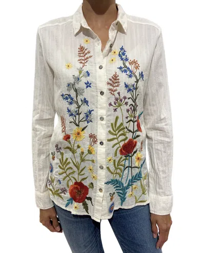 Pre-owned Johnny Was Provence Blouse White Long Button Top Flower Embroidery Antique L
