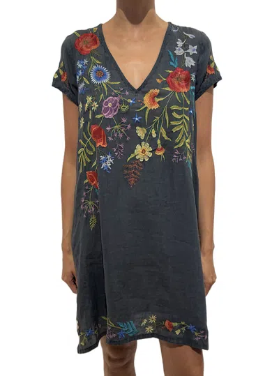 Pre-owned Johnny Was Provence Dress Dark Ash Grey Embroidery Shift Ramie L Floral Flor In Gray