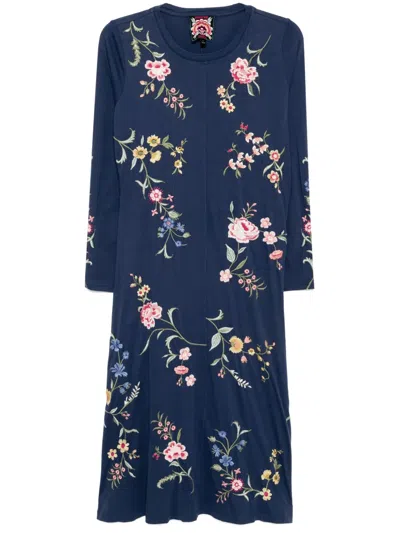 Johnny Was Raw-seam Crew-neck Dress In Blue