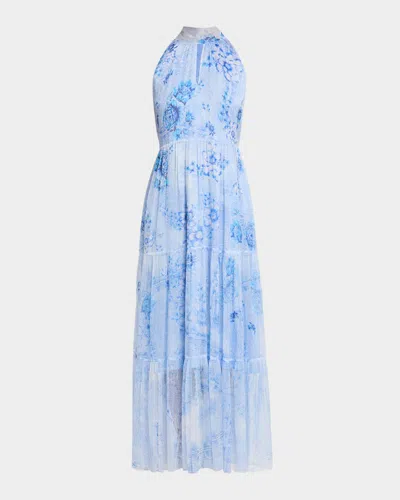 Johnny Was Riona Tiered Floral-print Silk Maxi Dress In Blue