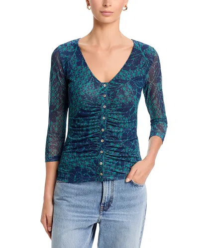 Johnny Was Ruched Button Front Mesh Tee In Multi