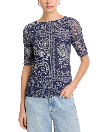 Johnny Was Ruched Sleeve Mesh Top In Blue
