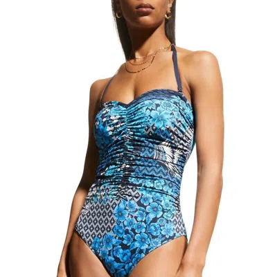 Johnny Was Ruched Sweetheart One Piece In Multi In Blue