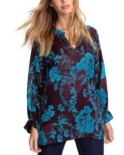 Johnny Was Ruffle Field Silk-blend Tunic Blouse In Blue