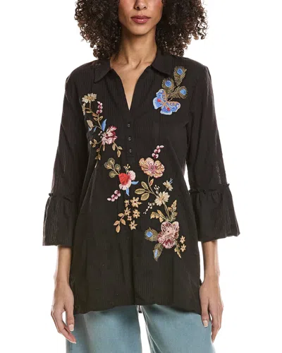 Johnny Was Ruffle Sleeve Henley Silk Tunic In Black