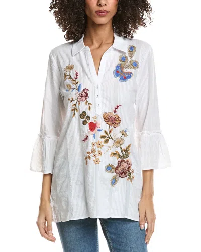 Johnny Was Ruffle Sleeve Henley Silk Tunic In White