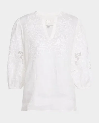 Johnny Was Sadie Cutout Floral-embroidered Ramie Blouse In White