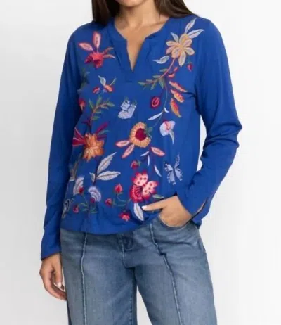 Johnny Was Sandra Split Jersey Tee In Blue