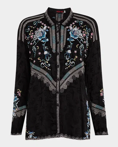 Johnny Was Sanmi Audrey Embroidered Animal-print Blouse In Sanded Black