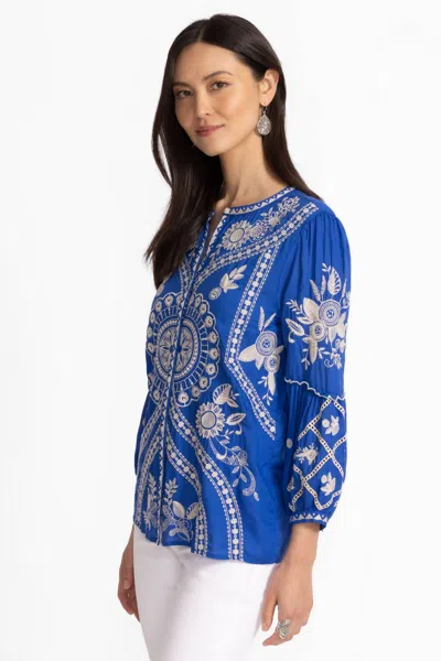 Johnny Was Scallop Sleeve Embroidered Blouse In Cobalt Blue