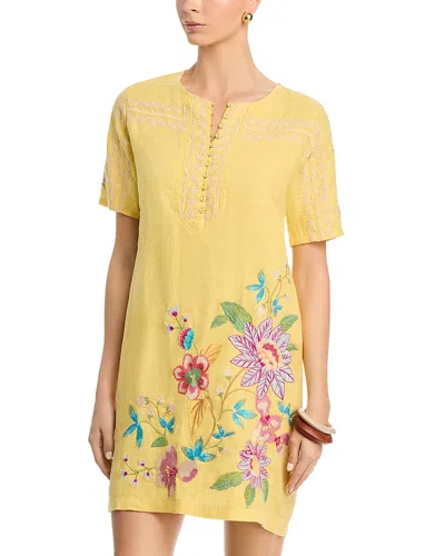 Johnny Was Seamed Button Neck Linen Dress In Multi