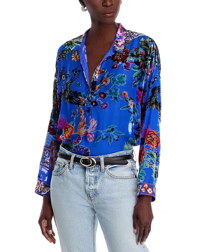 Johnny Was Seline Floral Flocked Button-down Blouse In Dreamer Blue