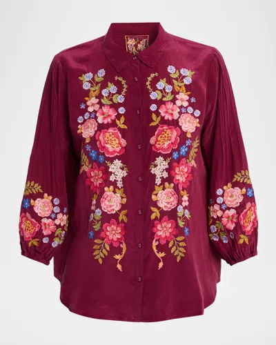 Johnny Was Seren Floral-embroidered Silk Shirt In Pink