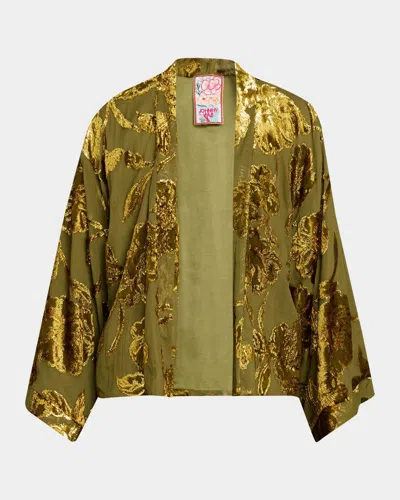 Johnny Was Shakri Short Floral Burnout Silk Kimono In Green