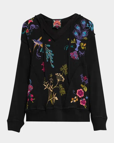 Johnny Was Sheri Floral Embroidered Hooded Sweatshirt In Black