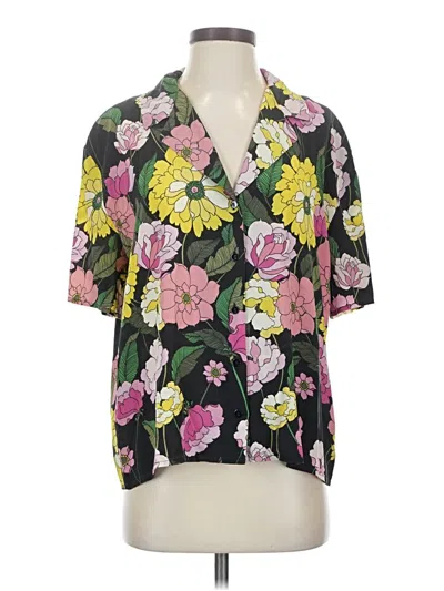 Pre-owned Johnny Was Short Sleeve Silk Top Black Plunge Neckline Tops