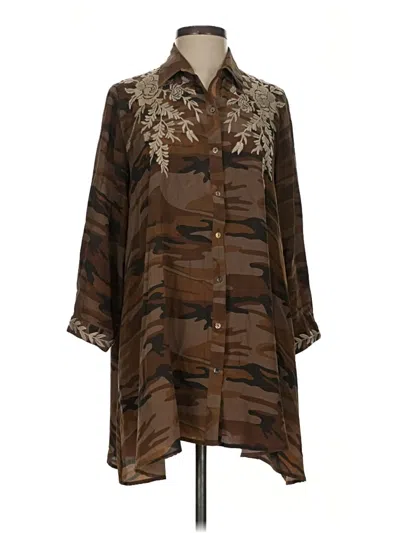 Pre-owned Johnny Was Short Sleeve Silk Top Brown Collared Neckline Tops