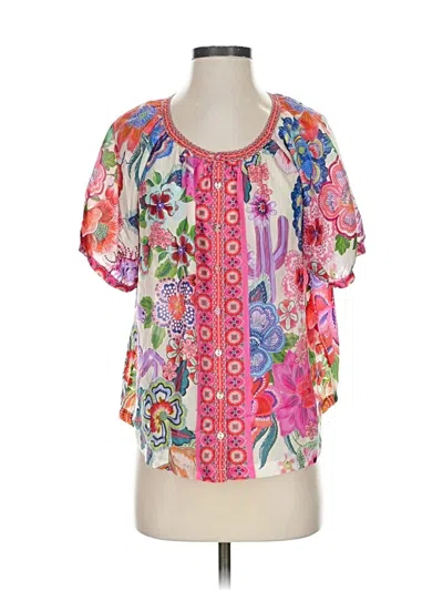 Pre-owned Johnny Was Short Sleeve Silk Top Pink Sweetheart Neckline Tops