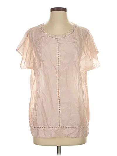Pre-owned Johnny Was Short Sleeve Silk Top Tan Keyhole Neckline Tops In Brown