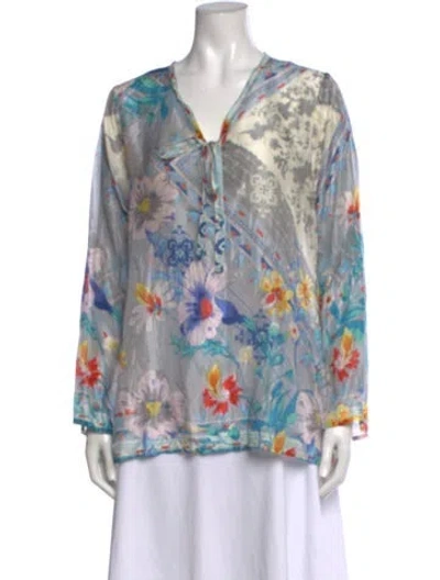 Pre-owned Johnny Was Silk Floral Print Blouse In Blue
