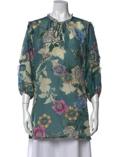 Pre-owned Johnny Was Silk Floral Print Blouse In Blue/green