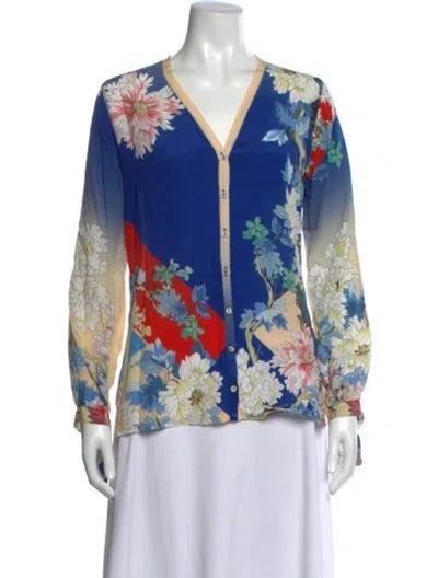 Pre-owned Johnny Was Silk Floral Print Blouse In Blue/white