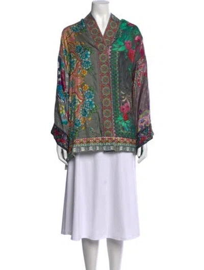 Pre-owned Johnny Was Silk Floral Print Blouse In Green