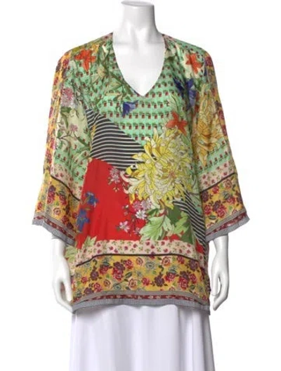 Pre-owned Johnny Was Silk Floral Print Blouse In Green