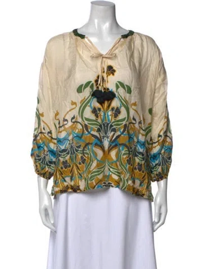 Pre-owned Johnny Was Silk Floral Print Blouse In Neutral