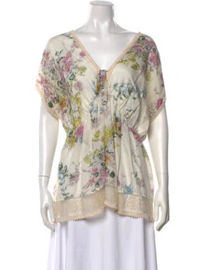 Pre-owned Johnny Was Silk Floral Print Blouse In Neutrals