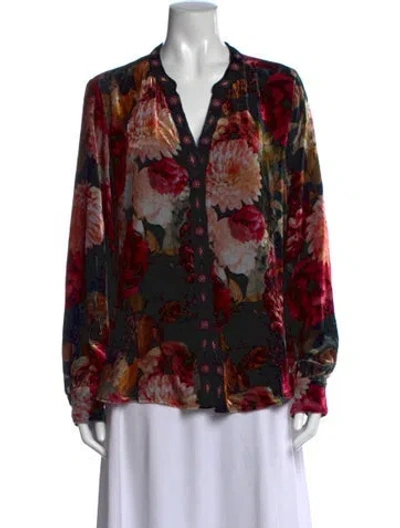 Pre-owned Johnny Was Silk Floral Print Blouse In Red