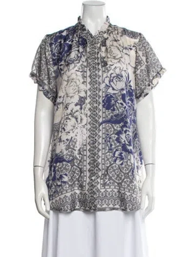 Pre-owned Johnny Was Silk Floral Print Blouse In White