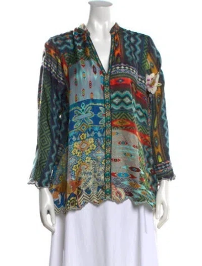 Pre-owned Johnny Was Silk Printed Blouse In Blue