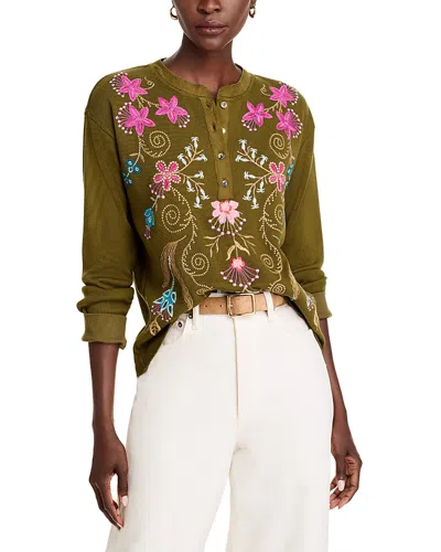 Johnny Was Sisa Floral Henley Top In Tarragon