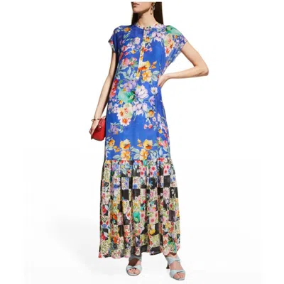 JOHNNY WAS SKY FLOWER ALBA FLOUNCE RUFFLED MAXI SLIP DRESS