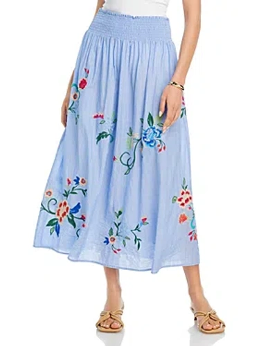 Johnny Was Smocked Maxi Floral Skirt In Light Denim Blue