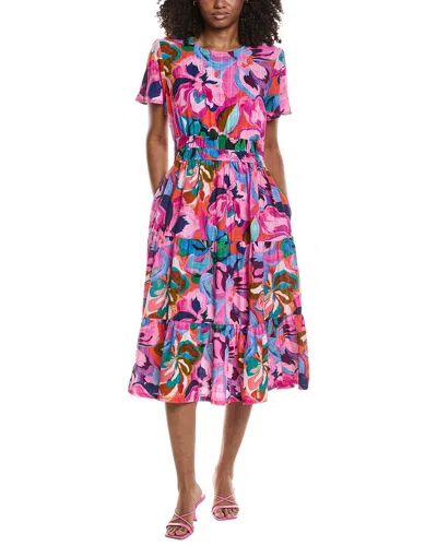 Johnny Was Smocked Tiered Linen-blend Midi Dress In Pink