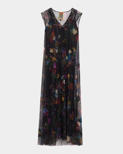 Johnny Was Socorro Floral-print Embroidered Mesh Maxi Dress In Black