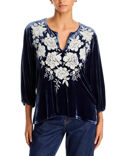 Johnny Was Split Neck Embroidered Velvet Top In Blue