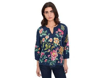 Johnny Was Split Neck Linen Blouse In Blue
