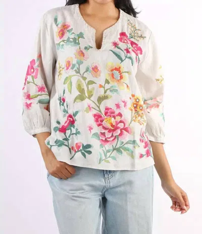 Johnny Was Split Neck Linen Blouse In Ecru Miraze In Multi
