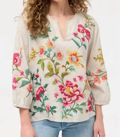 Johnny Was Split Neck Linen Blouse In Grey In Multi