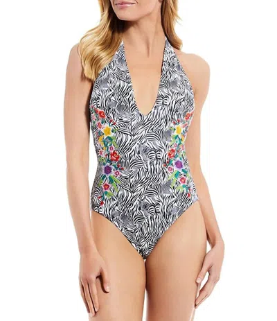JOHNNY WAS SPRING HALTER EMBROIDERED ONE-PIECE SWIMSUIT IN MULTI