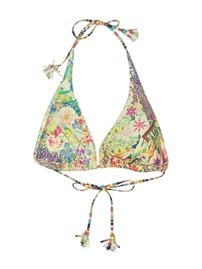 Pre-owned Johnny Was Swimsuit Top Ivory Floral Pattern Halter Neckline Swimwear In White