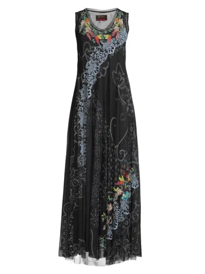 Johnny Was Swing Lace Embroidered Mesh Maxi Dress In Black